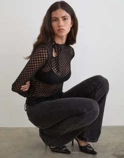 Sonam Long Sleeve Keyhole Top in Polka Lace Black