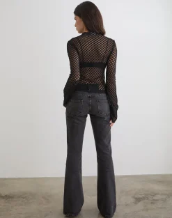 Sonam Long Sleeve Keyhole Top in Polka Lace Black