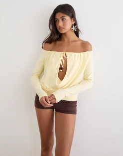 Sore Long Sleeve Cowl Top with Beads in Jersey Lemon
