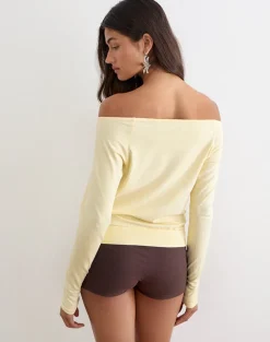 Sore Long Sleeve Cowl Top with Beads in Jersey Lemon