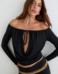 Sore Long Sleeve Cowl Top with Beads in Jersey Black