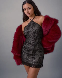 Soren Mini Dress in Floral Chiffon Sequin Black