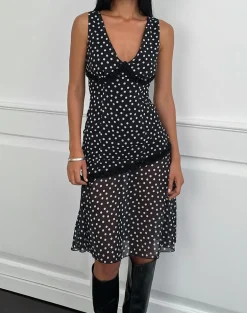 Sovira Midi Dress in Chiffon Black with Tiny Polka Print