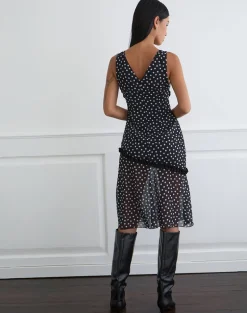 Sovira Midi Dress in Chiffon Black with Tiny Polka Print
