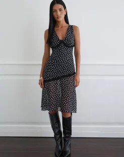 Sovira Midi Dress in Chiffon Black with Tiny Polka Print