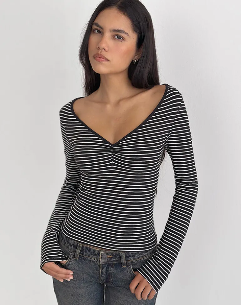 Subita Long Sleeve Top in Stripe Jersey Black and White