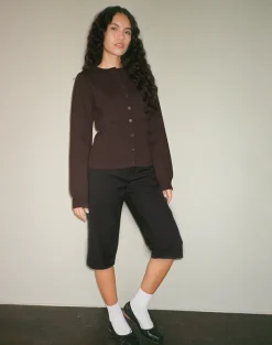 Subra Long Sleeve Ribbed Hem Cardigan in Bitter Chocolate