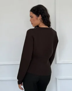 Subra Long Sleeve Ribbed Hem Cardigan in Bitter Chocolate