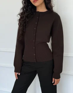 Subra Long Sleeve Ribbed Hem Cardigan in Bitter Chocolate