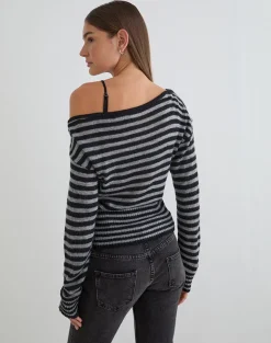 Suena Asymmetric Jumper in Stripe Black and Grey