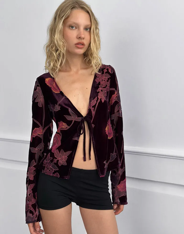 Sukita Cardigan in Floral Devore Burgundy