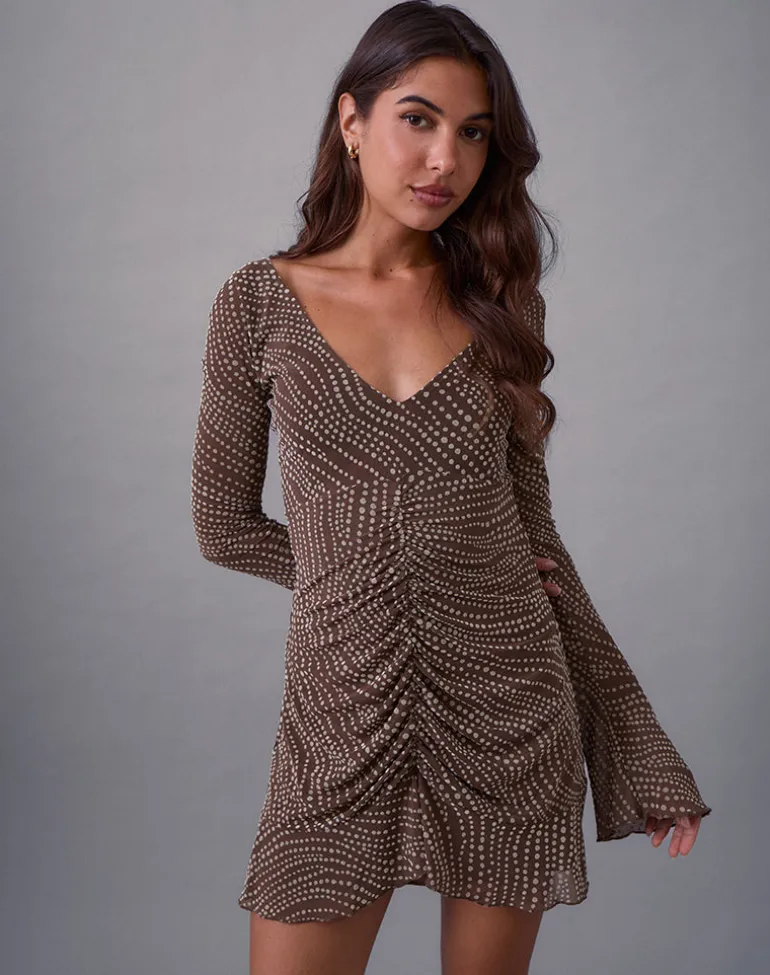 Sumiko Mini Dress in Abstract Polka Flock Brown