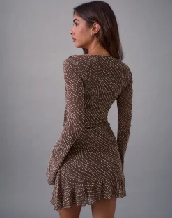 Sumiko Mini Dress in Abstract Polka Flock Brown