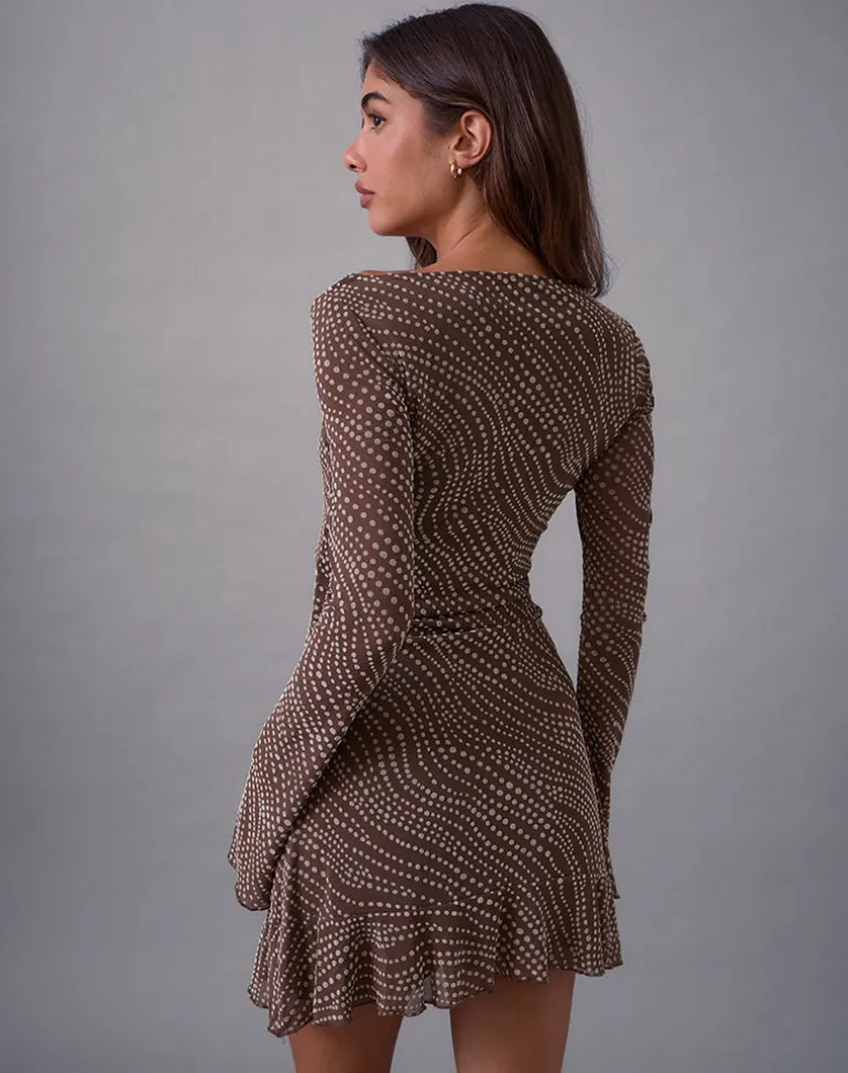 Sumiko Mini Dress in Abstract Polka Flock Brown
