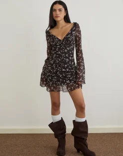 Sumiko Mini Dress in Flower Chiffon Brown