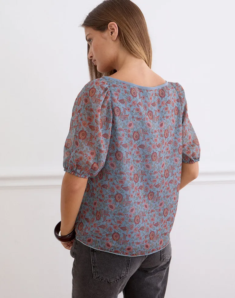 Sumire Top in Shadow Blossom Blue Chiffon