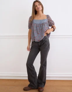 Sumire Top in Shadow Blossom Blue Chiffon