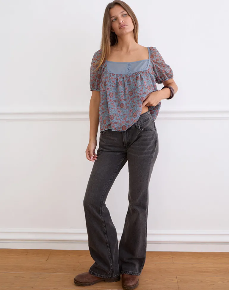Sumire Top in Shadow Blossom Blue Chiffon