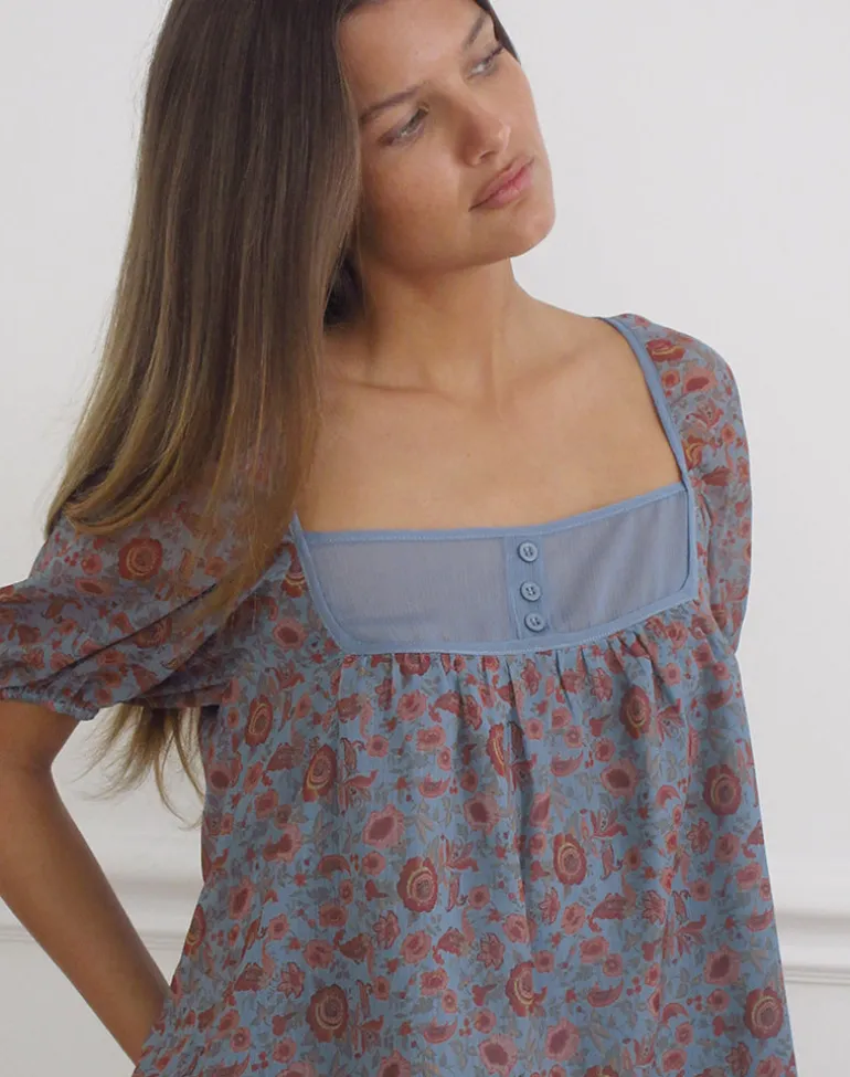 Sumire Top in Shadow Blossom Blue Chiffon
