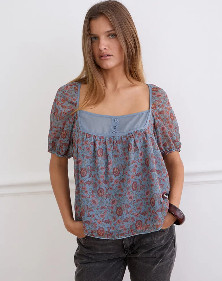 Sumire Top in Shadow Blossom Blue Chiffon