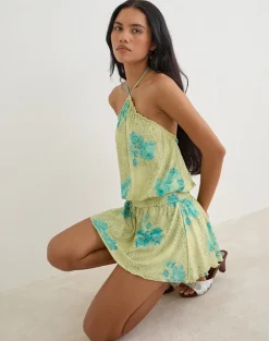 Sunyi Mini Dress in Green Blurred Jungle with Turquoise Rose