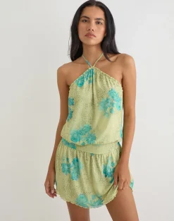 Sunyi Mini Dress in Green Blurred Jungle with Turquoise Rose