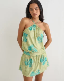 Sunyi Mini Dress in Green Blurred Jungle with Turquoise Rose