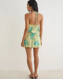 Sunyi Mini Dress in Green Blurred Jungle with Turquoise Rose
