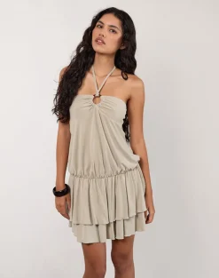 Suraya Plunge Mini Dress in Cupro Oatmilk