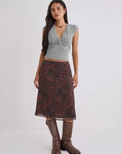 Suriela Midi Skirt in Chiffon Royal Paisley Burgundy