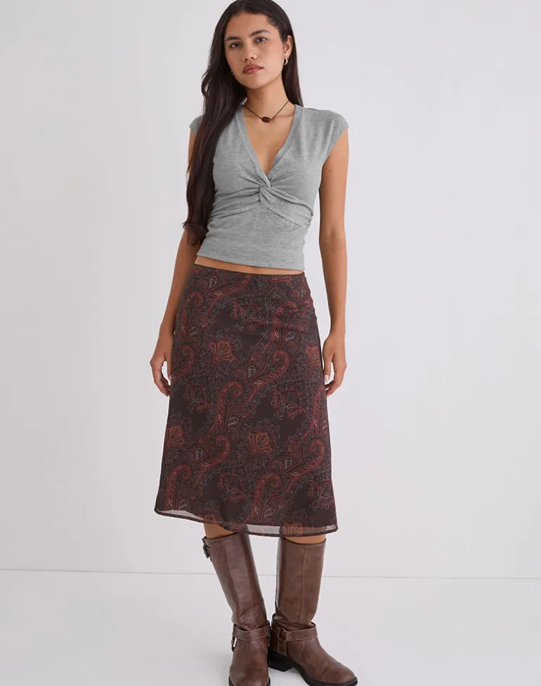 Suriela Midi Skirt in Chiffon Royal Paisley Burgundy