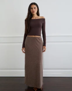 Surina Maxi Skirt in Diagonal Striped Flock Brown and Cream