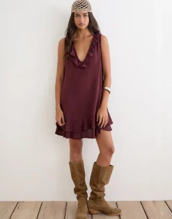 Swade Plunge Mini Dress in Crinkle Plum