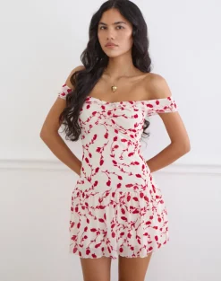Switaria Mini Dress in Cream with Red Leafy Lily Flock