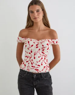 Switi Bardot Top in Cream with Red Leafy Lily Flock