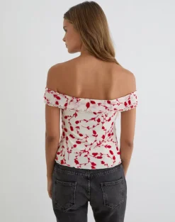 Switi Bardot Top in Cream with Red Leafy Lily Flock