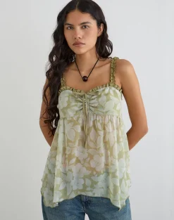 Sylva Asymmetric Hem Cami Top in Pale Flower Green