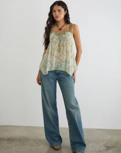 Sylva Asymmetric Hem Cami Top in Pale Flower Green