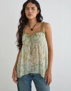 Sylva Asymmetric Hem Cami Top in Pale Flower Green