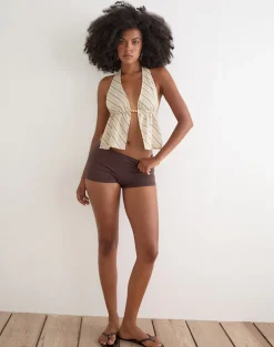 Syrma Backless Halterneck Top in Tilt Lines Beige