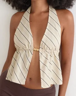 Syrma Backless Halterneck Top in Tilt Lines Beige