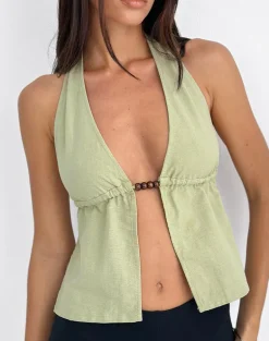 Syrma Backless Halter Top in Linen Sage Green