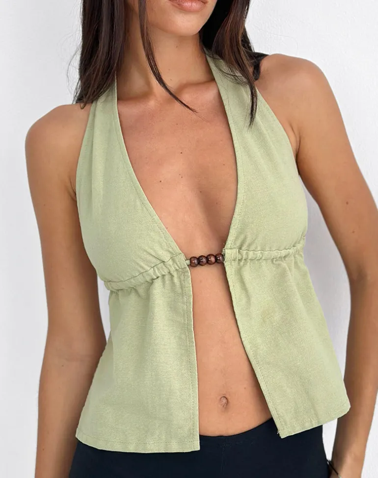 Syrma Backless Halter Top in Linen Sage Green