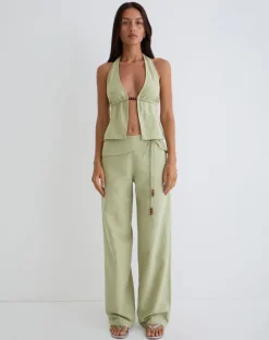 Syrma Backless Halter Top in Linen Sage Green
