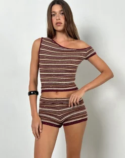 Tamia Off Shoulder Top in Shimmer Stripe Knit Rust