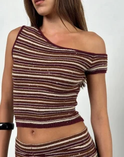 Tamia Off Shoulder Top in Shimmer Stripe Knit Rust