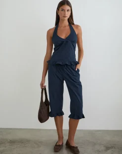 Tamzen Halterneck Top in Dark Navy with Frill Hem