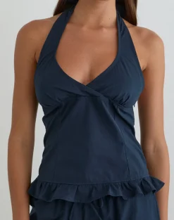 Tamzen Halterneck Top in Dark Navy with Frill Hem