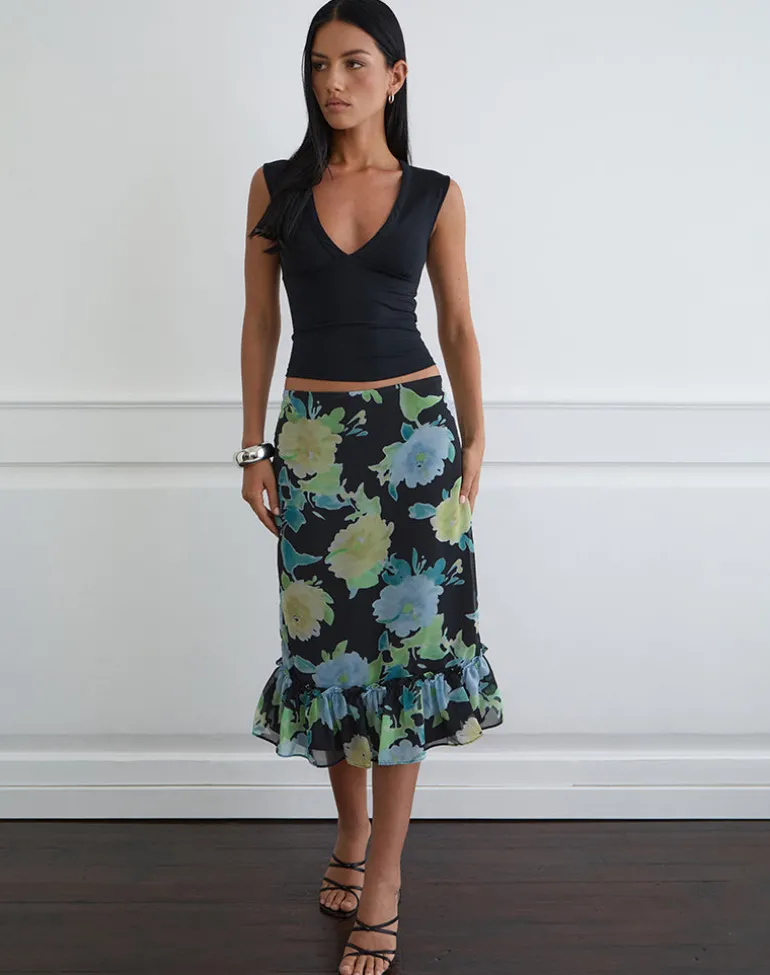 Tarla Midi Skirt in Black Chiffon with Crystal Flower Print