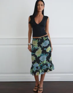 Tarla Midi Skirt in Black Chiffon with Crystal Flower Print